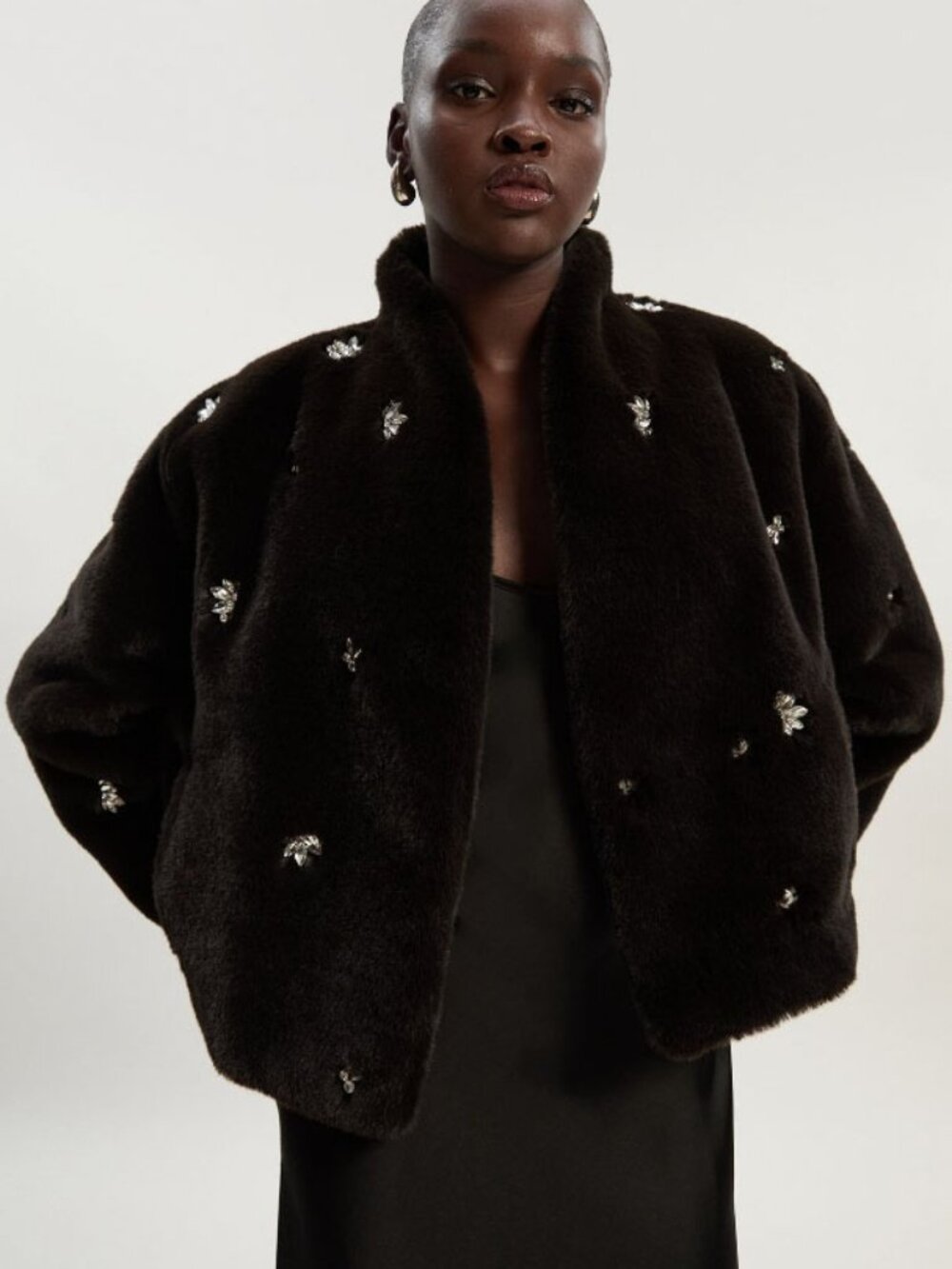 Women's Karen Millen Crystal Embellished Faux Fur Short Coat